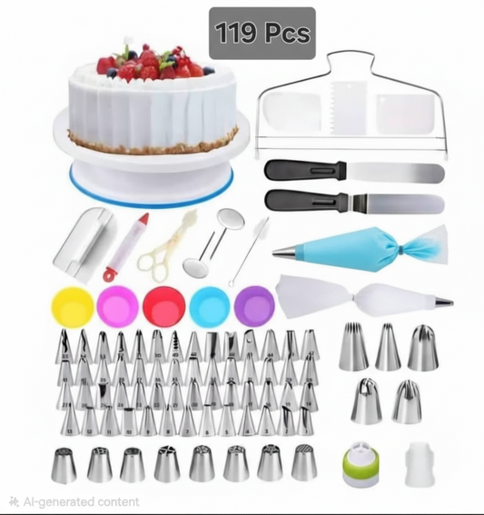 119-Piece Complete Cake Decorating Kit with Revolving Turntable and Piping Tips