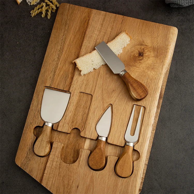 Wooden Cheese Board Set with Stainless Steel Knives